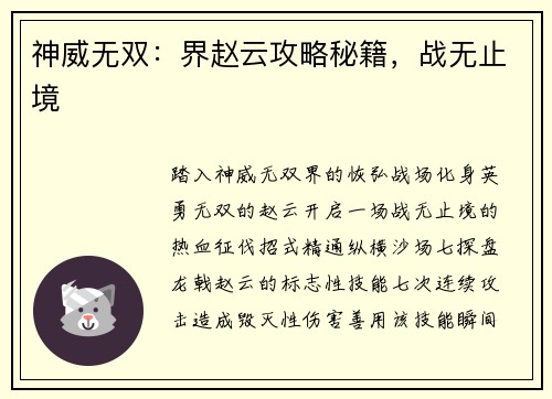 神威无双：界赵云攻略秘籍，战无止境