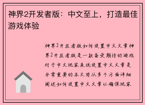 神界2开发者版：中文至上，打造最佳游戏体验